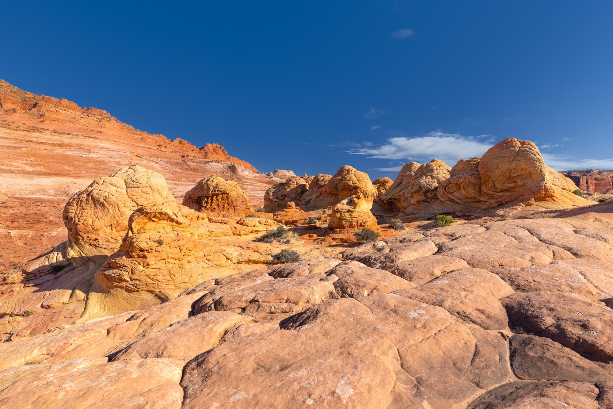 Warm orange sandstone formations beneath a deep blue sky